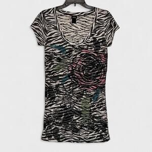 Vanity Zebra Print Embellished V-Neck Short Sleeve Graphic Shirt - Size L